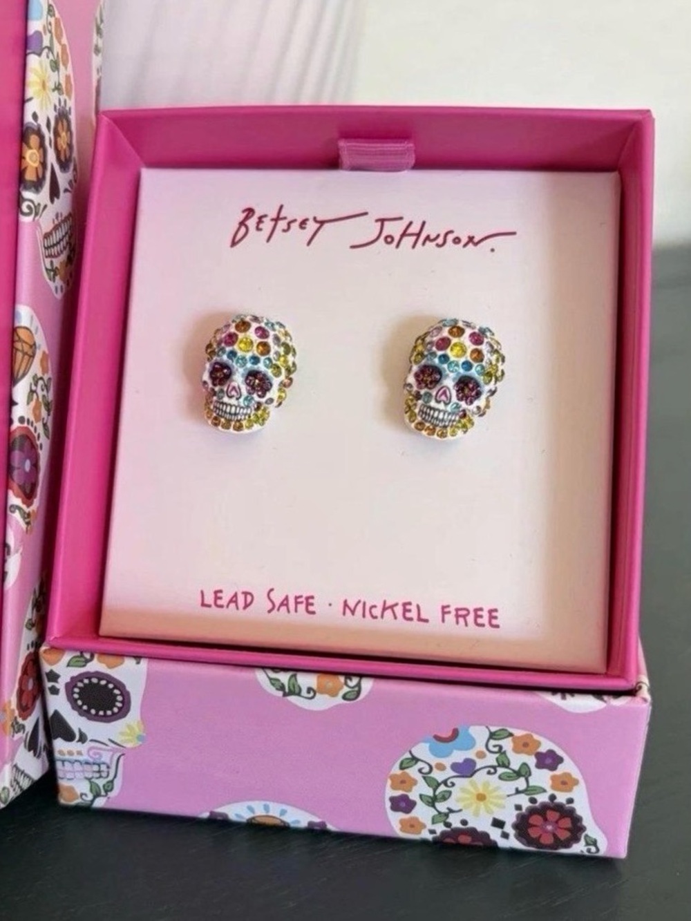 Betsey Johnson Multicolor Crystal Skull Stud Earrings